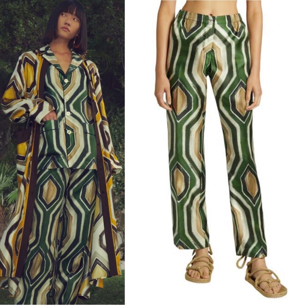 Printed Straight-Leg Pants in Green Geometric Print
